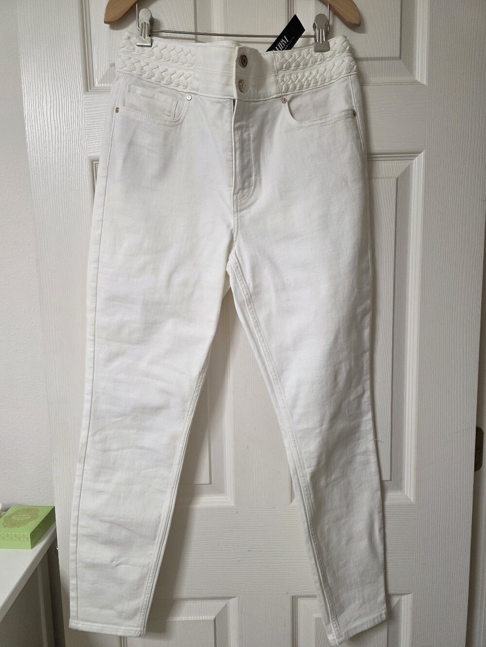WHBM High-Waist White Women’s Jeans with Braided Waistband Skinny